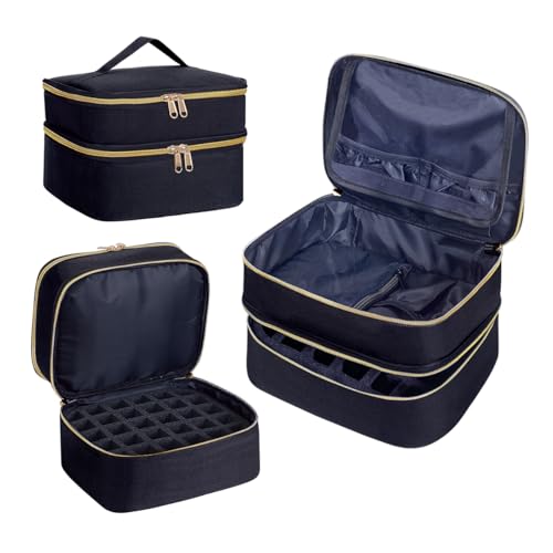 Nail Polish Organizer Bag Double Layer Capacity Portable Travel Storage Case Holds 30 Bottles (15 ml/0.51 floz) Nail Supplies Holder Bag Designed for Nail Tools Black