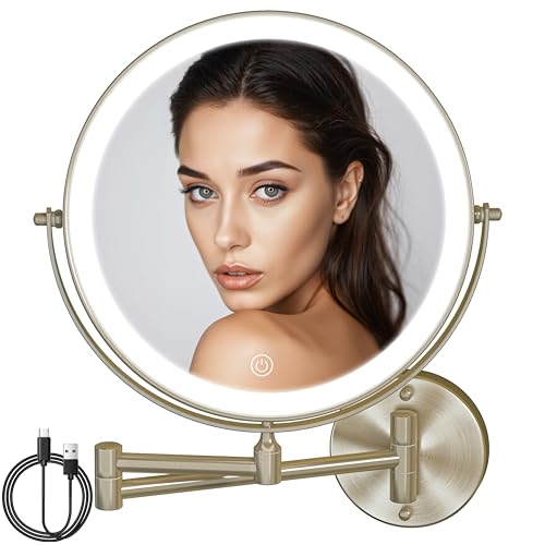 8.5" Wall Mounted Makeup Mirror with Light, 2000mAh Rechargeable Double Sided 1X / 10X Magnifying Vanity Mirror, 3 Color Lights Touch Dimmable 360¡Æ Rotation Bathroom Mirror, Nickel
