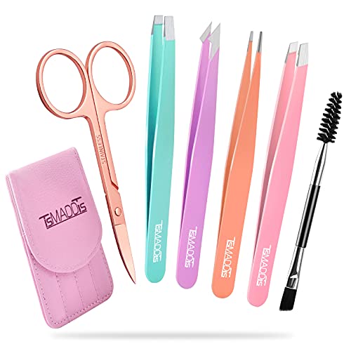 TsMADDTs 6 pcs Tweezers Set for Women, Eyebrow Tweezers with Curved Scissor for Ingrown Hair, Hair Plucking Daily Beauty Tools with Leather Travel Case
