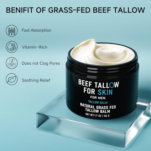 Beef Tallow for Skin, Beef Tallow Skin Care for Men, Mens Skincare Moisturizer for Face Neck Deeply Nourishing, Unscented Original Tallow Face Moisturizer for Men, 3.4 oz