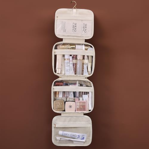 Waterproof Leather Toiletry Bag for Women, Hanging Travel Toiletry Bag with Hanging Hook, Large Travel Makeup Bag Cosmetic Organizer for Toiletries, Bathroom Shower, Makeup Accessories (Brown)