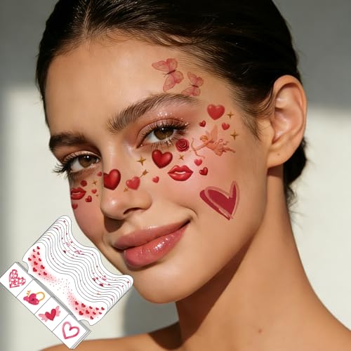 28 Pcs Valentine's Day Face Tattoos, Kiss Love Heart Tattoos Temporary, Red Fake Temporary Tattoo for Women Girls Valentine Makeup Accessories