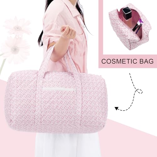 2 Pack Floral Travel Duffel Bag Large Quilted Travel Duffle Bag and Floral Makeup Pouch Portable Gym Lightweight Weekender Organizer with Zipper Pockets Grocery Pouch for Women(Pink)