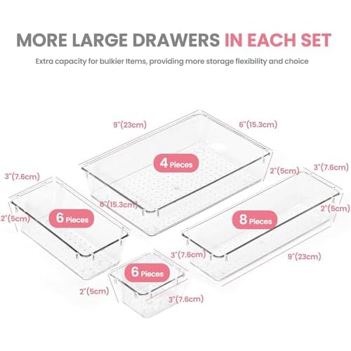 HOUSE DAY Makeup Drawer Organizer Trays 24 PCS, 4-Size Clear Drawer Organizers with Silicone Pads, Vanity Organizers and Storage, Non Slip Plastic Drawer Organizer for Desk, Bathroom, Kitchen, Office