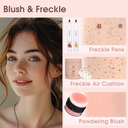 Natural Freckle Nude Warm Blush Makeup Kit- Liquid Fake Freckle Air Cushion, 2 Colors Freckle Pen, Powder Cushion Blush, Waterproof Long Lasting Freckles Marker for Cheek