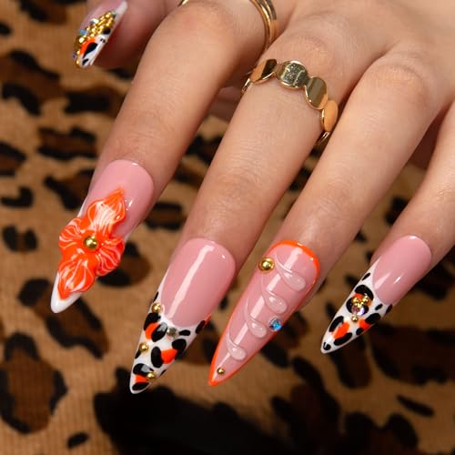 LOVFUL Press on Nails Tropical Sunset | Handmade with Full Covered Crystals | Reusable Full Cover Nails | Stiletto Classic Regular 1.3 in | H374-M