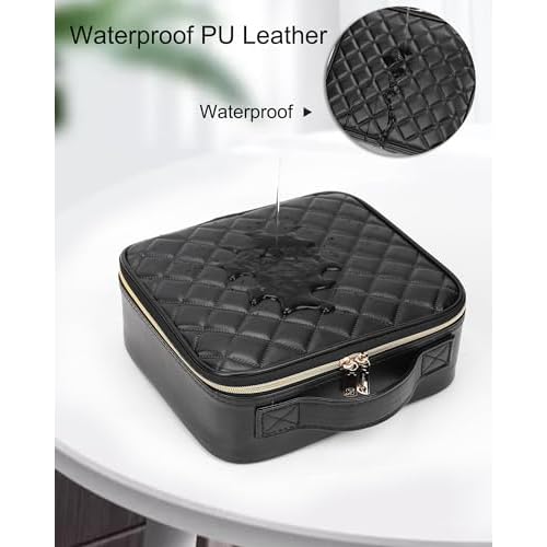 Relavel Makeup Bag, Travel Cosmetic Train Case Organizer Portable Artist Storage Bag with Adjustable Dividers for Cosmetics Makeup Brushes Toiletry Jewelry Digital Accessories Quilted Leather Black
