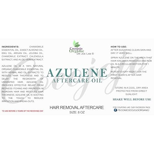 cocojojo Azulene Oil After Waxing Sugaring Soothing Hair Retardant 8 Oz Decreasing Hair Thickness After Hair Removal Natural Delaying Hair Regrowth