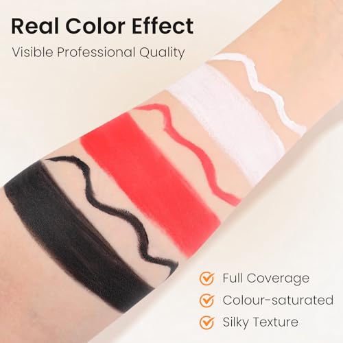 3 Colors Face Body Paint + 3pcs Sponge + 3pcs Brush, ¡¼Full Coverage¡½¡¼Skin Friendly¡½¡¼Long Lasting¡½, Professional Paint Makeup Product For Halloween/Masquerade/Cosplay/Movie Makeup, Black+White+Red