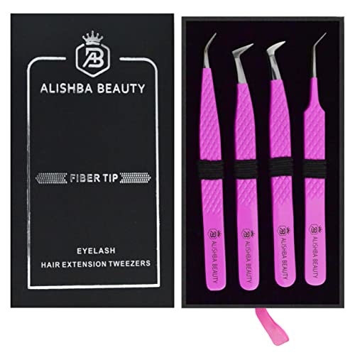 Alishba Beauty Eyelash Extension Tweezers, Precision Fiber Tip Grip Japanese Stainless Steel Profiessional (Set of 4 Eyelash Tweezer) (HOT PINK)