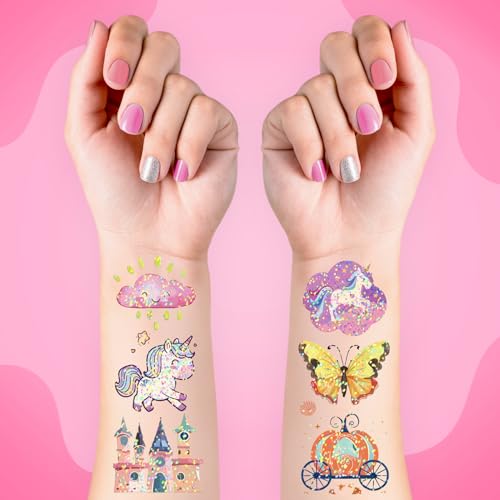 EMOME 204 Styles Glitter Tattoos for Kids, Mixed Temporary Tattoos for Kids, Individually Wrapped Mermaid Princess Butterfly Unicorns Stickers for Grils Birthday Party, Halloween Goodie Bag Stuffers