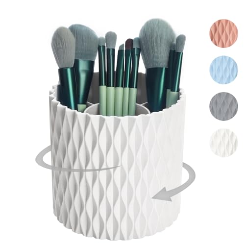 Makeup Brush Holder Organizer-360¡Æ Rotating Makeup Brush Storage,Pencil Pen Holder Cup,Desk Accessories,5 Slot Make up Brushes Cup, for Vanity Desktop Bathroom Countertop (White)