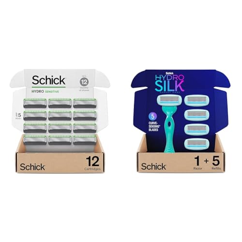 Schick Hydro Sensitive Razor Refills for Men, 12 Count & Schick Hydro Silk Sensitive Skin Razor for Women With 5 Moisturizing Razor Blade Refills