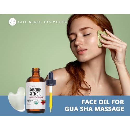 Kate Blanc Cosmetics Rosehip Oil for Face with Stainless Gua Sha (1oz, Organic, Pure, Cold Pressed) Rosehip Seed Face Oil for Gua Sha Massage