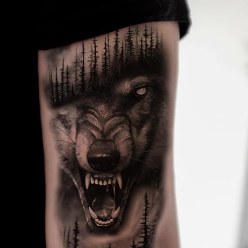 2 Sheets Realistic Animal Temporary Tattoos Stickers Forest Wolf Tree Designs For Men Waterproof Arm Leg Fake Body Art, Gym & Parties Bold Masculine Decals