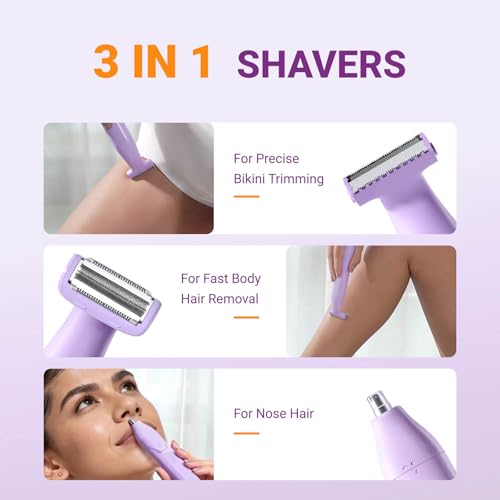 Bikini Trimmer for Women, 3-in-1 Painless Womens Electric Razors & Pubic Hair Trimmer, Waterproof Womens Shaver with Ceramic Blades, USB Rechargeable Lady Groomer for Legs Underarm Face,Violet