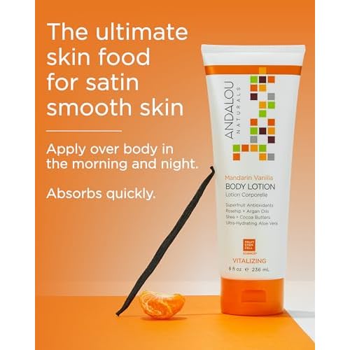 Andalou Naturals Vitalizing Body Lotion Mandarin Vanilla - Hydrating Daily Moisturizer to Nourish Dry Skin - With Shea Butter, Cocoa Butter, Rose Hip Oil, Argan Oil, & Aloe Vera - 8 fl oz