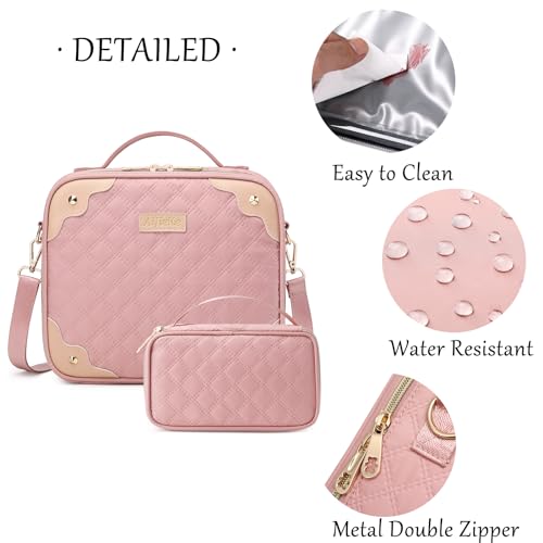 AIJIEKE Travel Makeup Bag, Cosmetic Bag with Small Make Up Organizer Case, Large Makeup Pouch for Women Purse for Cosmetics Accessories Brushes Skincare, Pink