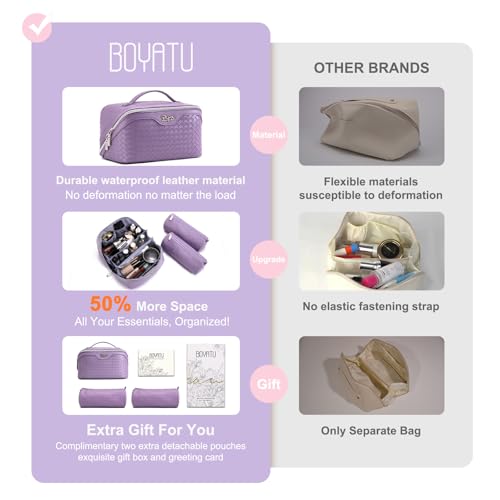 BOYATU Travel Makeup Bag Cosmetic Bags for Women: Large Capacity 3 Pcs Set Make up Bag with Compartments - Waterproof Vegan Leather Toiletry Organizer Bags with Handle (L01 Purple)