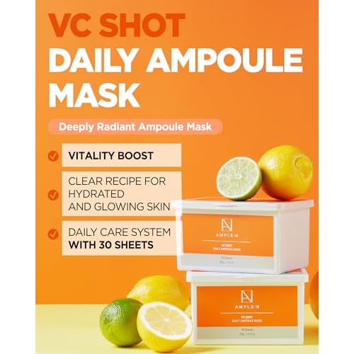 VC Shot Daily Ampoule Mask - Korean Face Sheet Masks with Vitamin C for Radiant Skin Tone Daily Facial Treatment with Niacinamide for Hydration & Complexion Enhancement, 30 Sheets