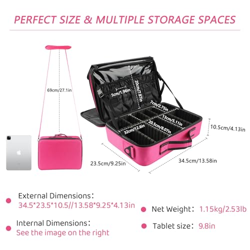 gzcz Travel Makeup Bag,Professional Cosmetic Bags for Women,Portable Makeup Brush Case Organizer Storage with Adjustable Dividers and Shoulder Strap (Medium)