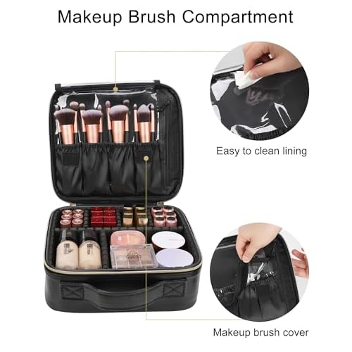 Relavel Makeup Bag, Travel Cosmetic Train Case Organizer Portable Artist Storage Bag with Adjustable Dividers for Cosmetics Makeup Brushes Toiletry Jewelry Digital Accessories Quilted Leather Black