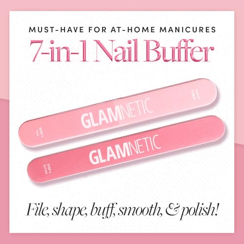Glamnetic x GLAMZILLA Press-On Nails Bundle - GIVE 'EM GRACE | Super Strong Brush-On Glue, Press-On Nail Remover & 7-In-1 Nail Buffer | Short Almond Fake French Tip Nails with Gold Glaze | Salon Quali