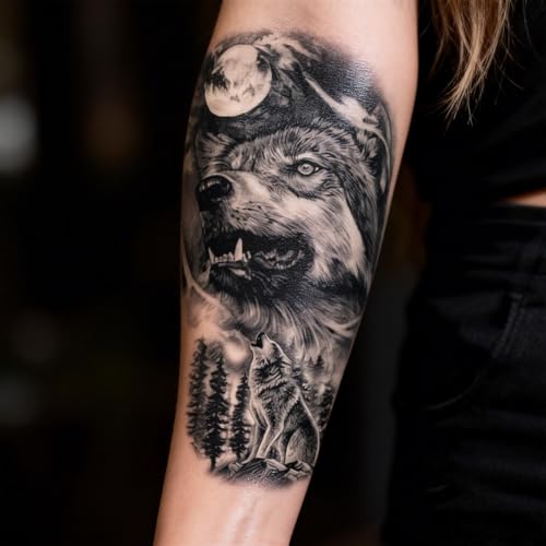 2 Sheets Realistic Animal Temporary Tattoos Stickers Forest Wolf Designs For Men Waterproof Arm Leg Fake Body Art, Gym & Parties Bold Masculine Decals