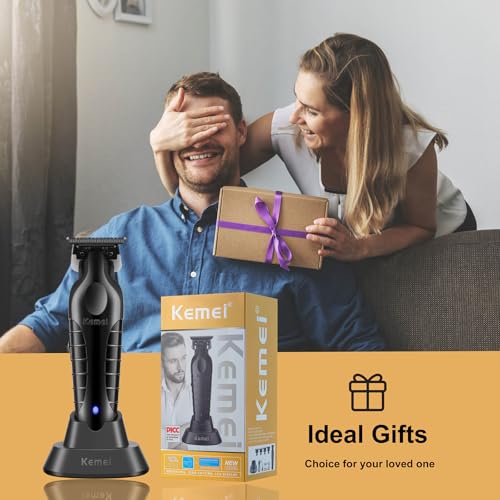 KEMEI 2299 Hair Trimmer for Men with Charging Dock, Professional Cordless T-Blade Clippers for Edging & Lining, Barber Zero Gap Trimmers, USB Rechargeable Kit with Storage Base (Black)