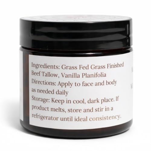 100% Grass Fed Grass Finished Whipped Beef Tallow Moisturizer/Body Balm for Face, Body, Oily, Dry, Sensitive Skin -Contains Vitamins A, D, E, K -USA Made (1.7 oz, Vanilla)