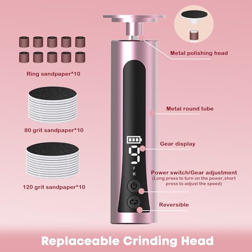 2 in 1 Electric Foot Callus Remover - with Nail Drill File, Aluminum Alloy, 11000RPM, 9 Speeds, with Digital Display, 10 Grinding Heads & 20pcs Sandpaper Discs,Cordless Rechargeable (Pink)