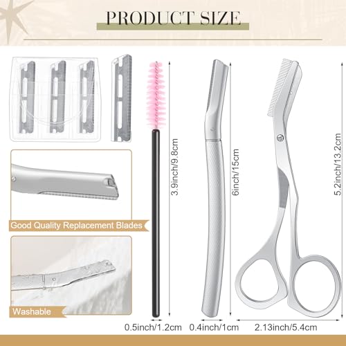 Stainless Steel Eyebrow Trimmer Set Eyebrow Grooming Scissors with Comb Dermaplane Facial Razor with 3 Blades Refills Face Grooming Razor for Women and Men