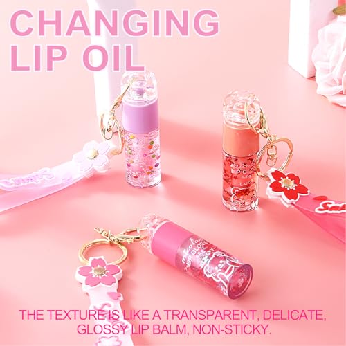 3 Colors Hydrating Lip Gloss Set, Glossy Shimmer High Shine Glass Finish Lipgloss Natural Moisturizing, Lip Make-Up for Women Party Gift Sakura Keychain Design
