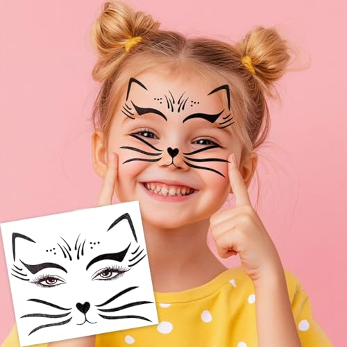 2 Pack Halloween Cat Temporary Tattoos - Glitter Halloween Face & Body Stickers for Women, Realistic Animal Skin Decals for Cosplay, Makeup & Festive Looks (4-black cat)