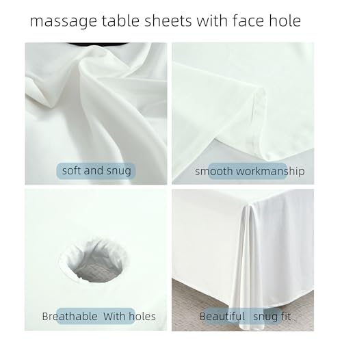 Premium Reusable Massage Table Skirt Sheets with Face Hole, Bed Cover Professional Massage Linens Fitted Wax Mat for Esthetician Bed, Stain and Wrinkle-Resistant, Machine Washable (White, 72*118 Inch)
