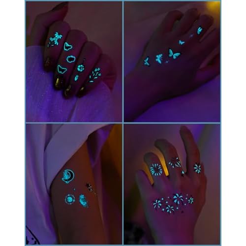 Glow In The Dark Butterfly Nail Temporary Tattoos for Women Girls Adult, Luminous Flower Butterflies Wings Fake Black Tattoo Stickers Art Makeup Waterproof for Face Body Arm Party Favors