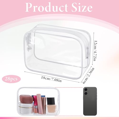28 Pack Clear Cosmetic Bags Makeup Bags Bulk, Portable Waterproof Travel Toiletry Bag Organizer Plastic Toiletry Carry Pouch with Zipper, for Travel Women Men Bathroom Organizing, 7.1"x 4.7"x 2.4"