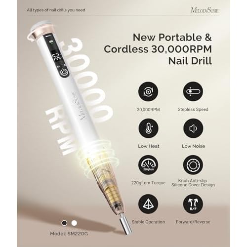 MelodySusie Pen-Shaped Stepless Speed Adjustment Cordless Nail Drill, SM220G 30000RPM Portable Rechargeable E-File with Rotary Lock for All Manicure Shaping & Acrylic Gel Removal for Pros at Home