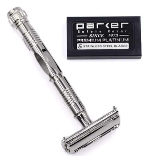 Parker, 90R Nickel Plated Long Handle Butterfly Open Double Edge Safety Razor for Men, 5 Parker Premium Platinum Double Edge Razor Blades Included