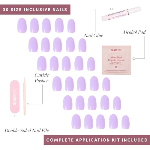 Glamnetic Press-On Nails Bundle - Lilac, Ash Gray & Lime Green | Opaque Light Pastel Purple Round Nails | Smoke Gray Short Almond False Nails | Neon Green Short Oval Fake Nails