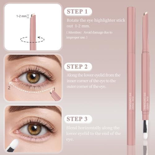 2PCS Under Eye Highlighter Stick with Brush, Waterproof & Smudge-Proof Under Eye Brightener Pencil, Highlighter Makeup Pen, Lying Silkworm Pencil Highlight & Contouring Stick (DC01-Beige)