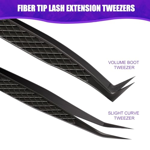 Fiber Tip Lash Tweezers for Eyelash Extension, High Precision Eyelash Tweezer Set with Diamond Grip, Lash Extension Tweezer Kit for Classic & Volume Lashes, Must-Have Tweezers for Lash Artists