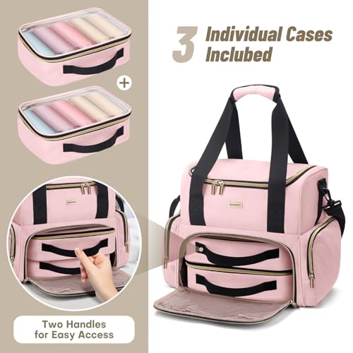 Large Makeup Cosmetic Bag with 2 Removable Case, Double Layer Travel Makeup Organizer Case, travel Toiletry Bag For Women, Pink