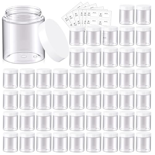48 Pack 8 OZ Plastic Jars Round Clear Cosmetic Container Jars with White Lids, Eternal Moment Plastic Slime Jars for Lotion, Cream, Ointments, Makeup, Eyeshadow, Rhinestone, Samples, Travel Storage