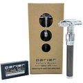 Parker 92R Graphite Gray, Long Handle Heavyweight Butterfly Open Double Edge Safety Razor for Men, 5 Parker Premium Platinum Double Edge Razor Blades Included