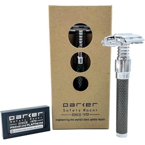 Parker 92R Graphite Gray, Long Handle Heavyweight Butterfly Open Double Edge Safety Razor for Men, 5 Parker Premium Platinum Double Edge Razor Blades Included
