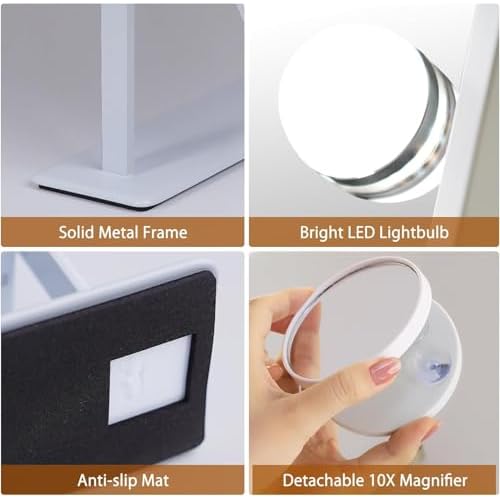 FENCHILIN Vanity Mirror with Light Lighted Makeup Mirror Vanity Makeup Mirror Smart Touch Control 3Colors Dimable Light Detachable 10X Magnification 360¡ÆRotation(White)