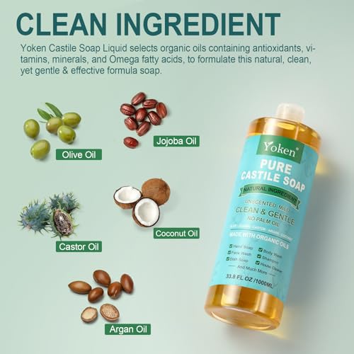 EWG Verified Castile Soap Liquid Unscented 33.8 fl oz Pure Castile Liquid Cleanser Made With Organic Oil, Clean & Gentle, Natural Castor Oil Soap for Body Wash, Hand, Dishes, Laundry