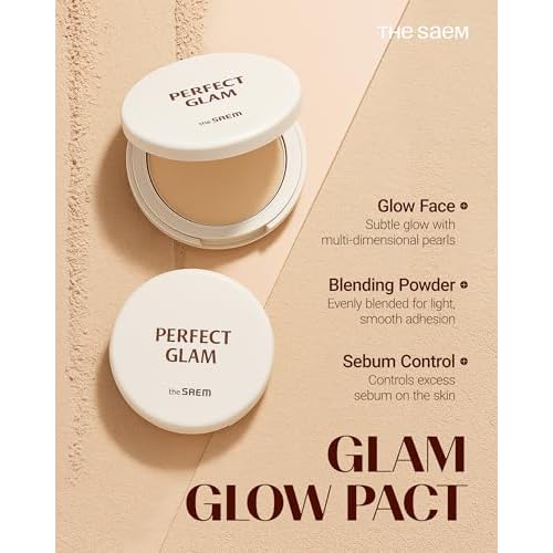 THESAEM Perfect Glam Glow Pact - Illuminating Face Powder with Colorful Pearls for Soft Radiant Glow - Sebum Control Blending Powder with Diamond & Silk - Korean Makeup Highlighter Compact