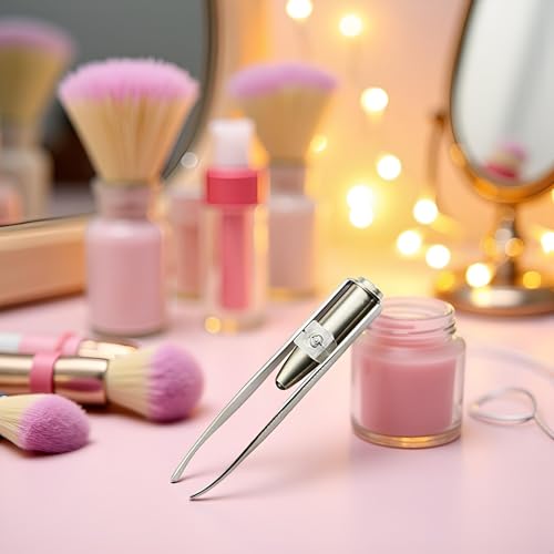 Silver Creative Led Light Eyelash Eyebrow Hair Removal Stainless Steel Make Up Tweezer and Practicality, Hair Removal Tweezers,Women's 8.8x0.8x1.6cm,